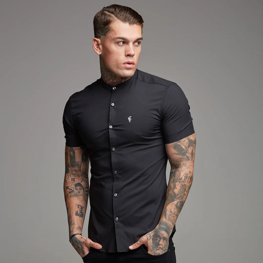 Father Sons Super Slim Stretch Classic Black Grandad Collar Short Sleeve - FS173