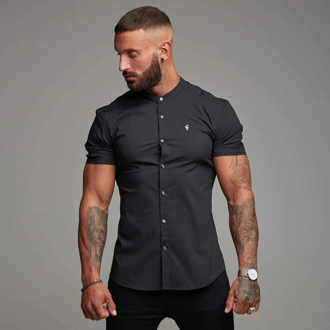 Father Sons Super Slim Stretch Classic Black Grandad Collar Short Sleeve - FS173