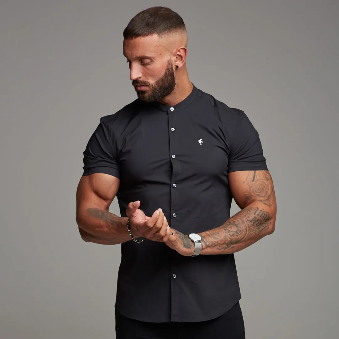 Father Sons Super Slim Stretch Classic Black Grandad Collar Short Sleeve - FS173