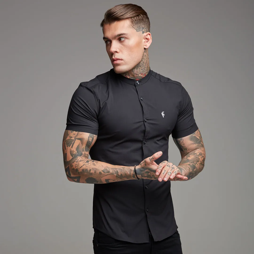 Father Sons Super Slim Stretch Classic Black Grandad Collar Short Sleeve - FS173