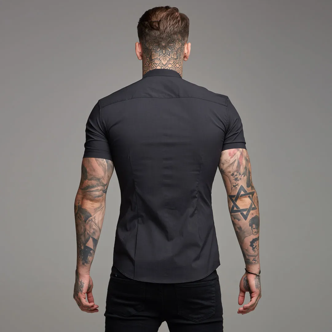 Father Sons Super Slim Stretch Classic Black Grandad Collar Short Sleeve - FS173