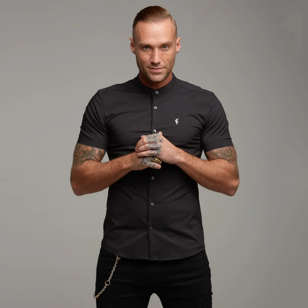 Father Sons Super Slim Stretch Classic Black Grandad Collar Short Sleeve - FS173
