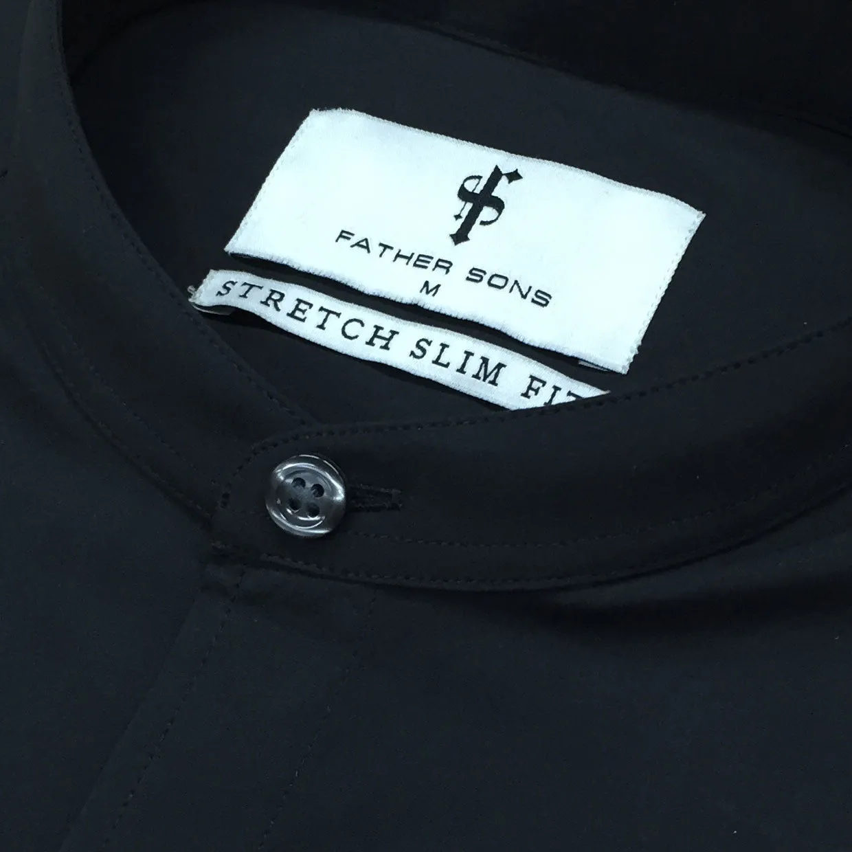 Father Sons Super Slim Stretch Classic Black Grandad Collar Short Sleeve - FS173