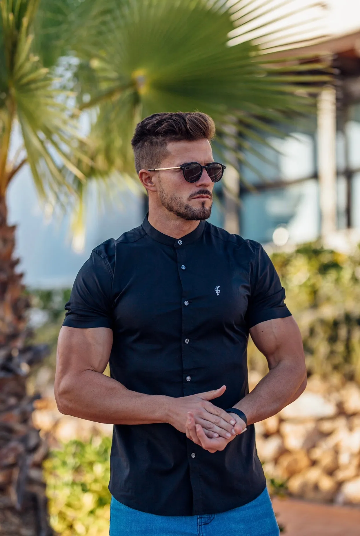 Father Sons Super Slim Stretch Classic Black Grandad Collar Short Sleeve - FS173