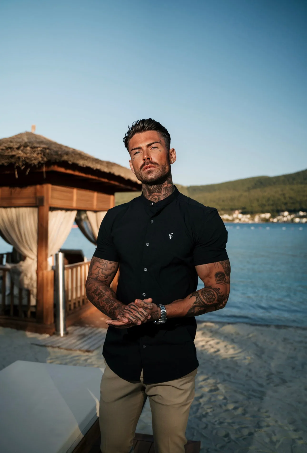 Father Sons Super Slim Stretch Classic Black Grandad Collar Short Sleeve - FS173