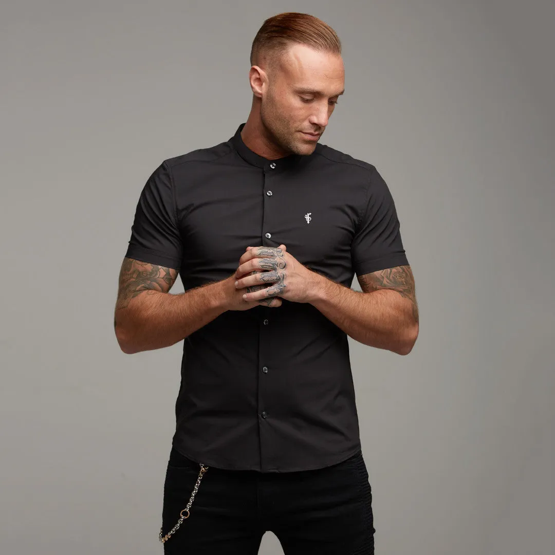 Father Sons Super Slim Stretch Classic Black Grandad Collar Short Sleeve - FS173