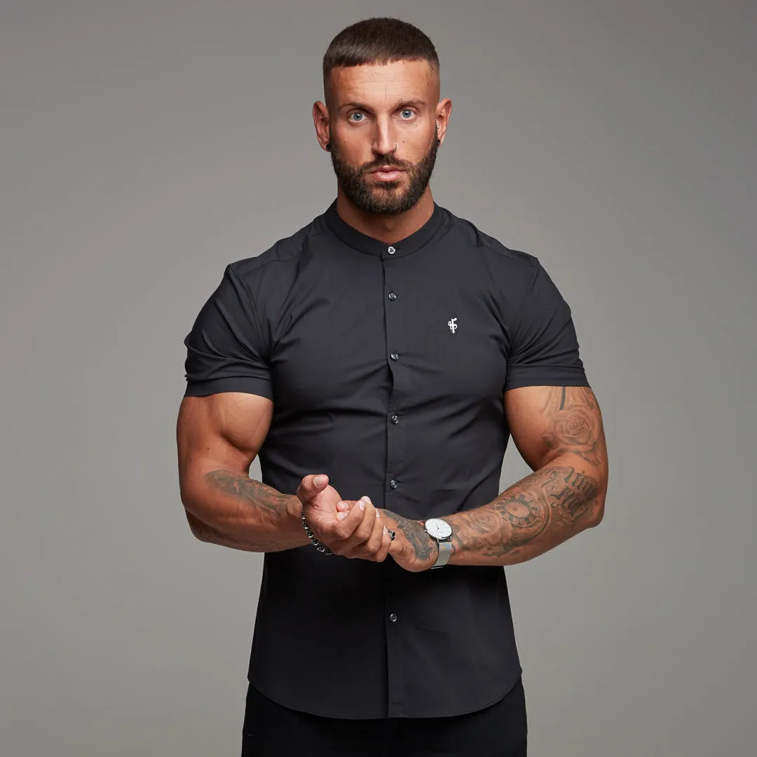 Father Sons Super Slim Stretch Classic Black Grandad Collar Short Sleeve - FS173