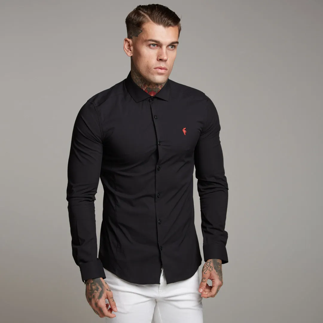 Father Sons Super Slim Stretch Classic Black Panel Shirt (Red embroidery) - FS320