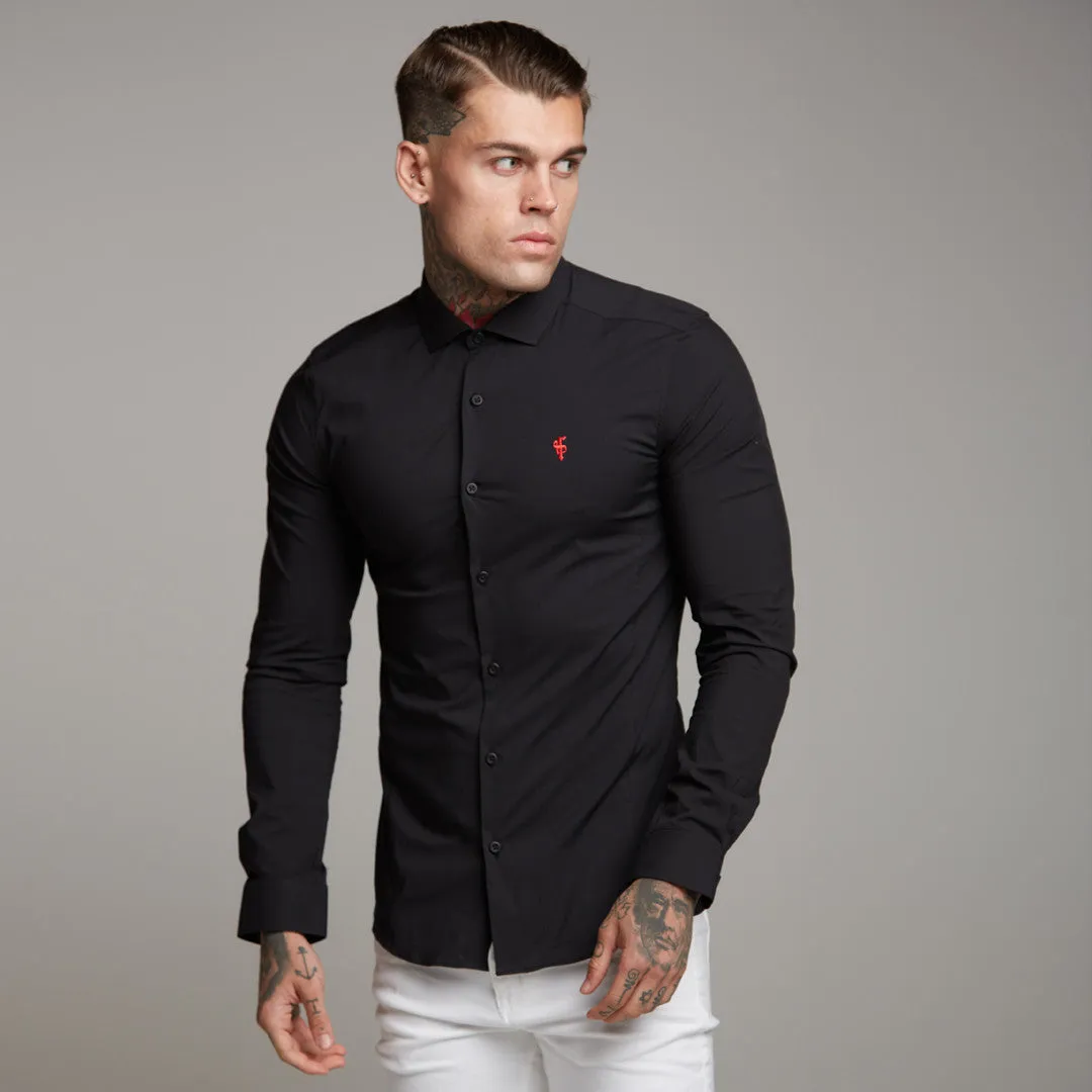 Father Sons Super Slim Stretch Classic Black Panel Shirt (Red embroidery) - FS320
