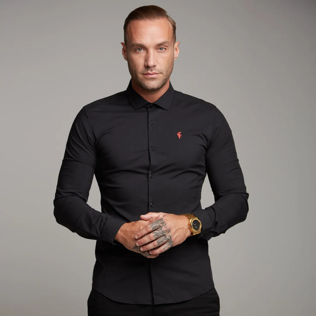 Father Sons Super Slim Stretch Classic Black Panel Shirt (Red embroidery) - FS320