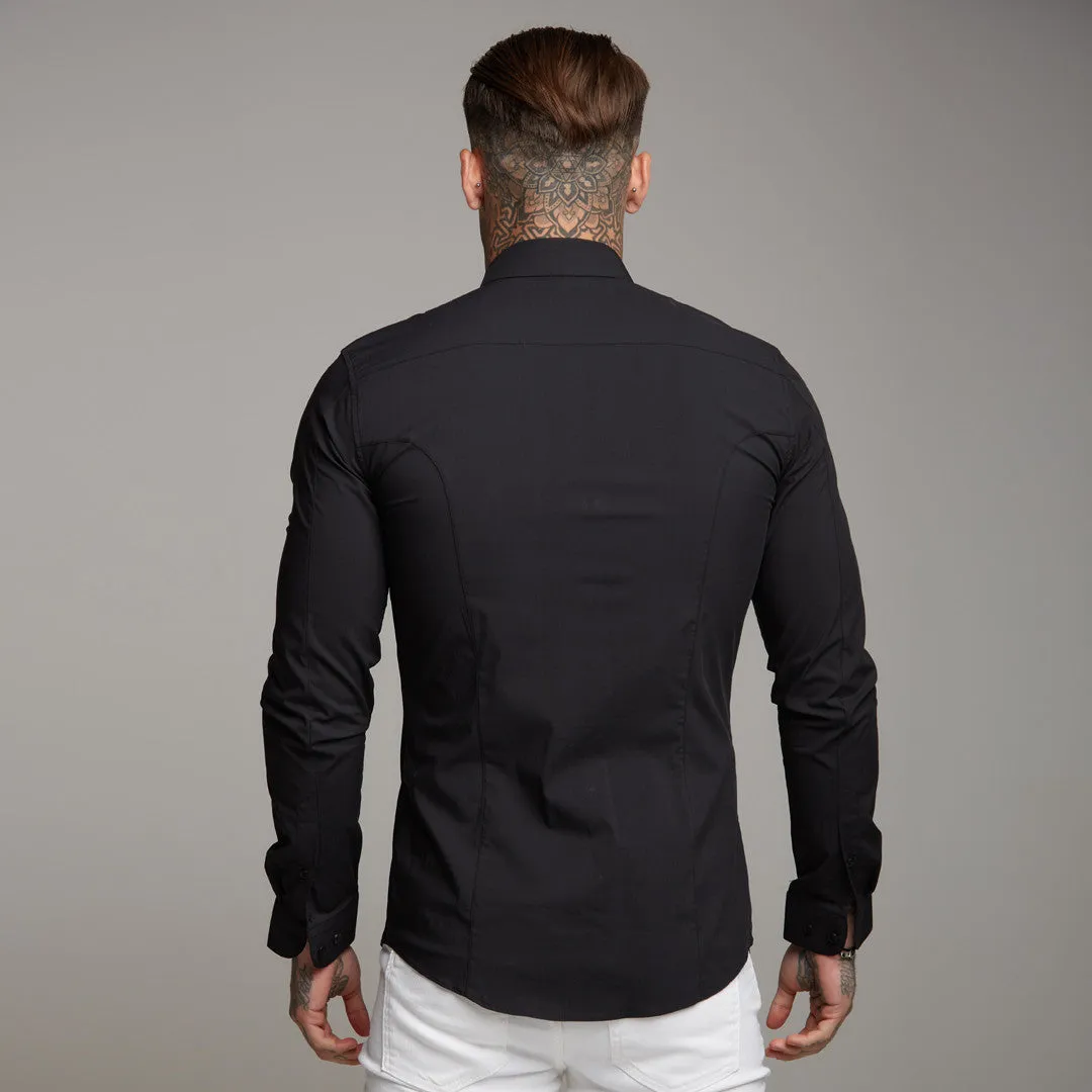 Father Sons Super Slim Stretch Classic Black Panel Shirt (Red embroidery) - FS320