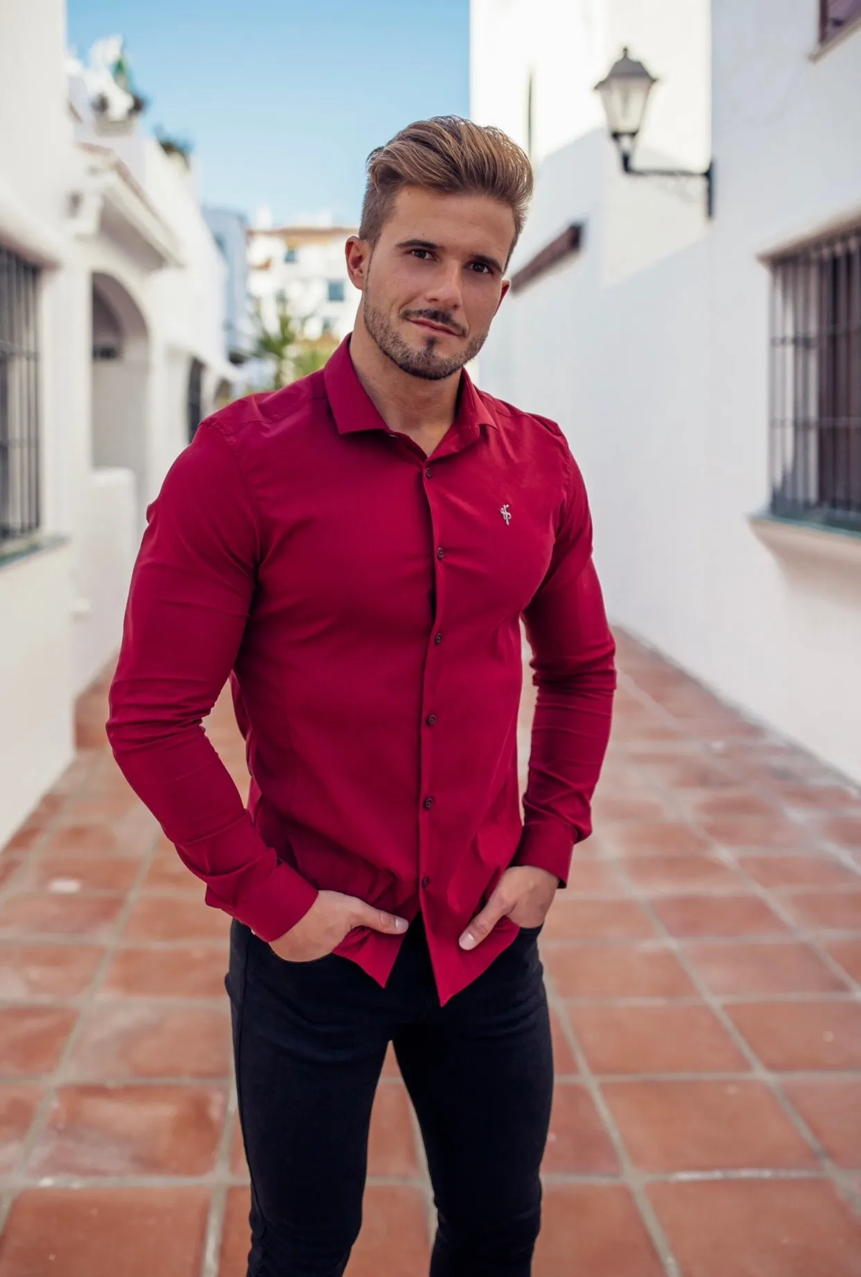 Father Sons Super Slim Stretch Classic Oxblood Panel Shirt (Grey embroidery) - FS318