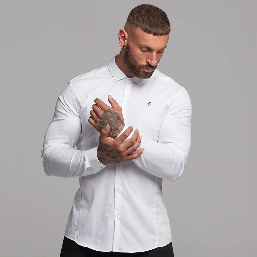 Father Sons Super Slim Stretch Classic White Panel Shirt (Burgundy embroidery) - FS316 (LAST CHANCE)