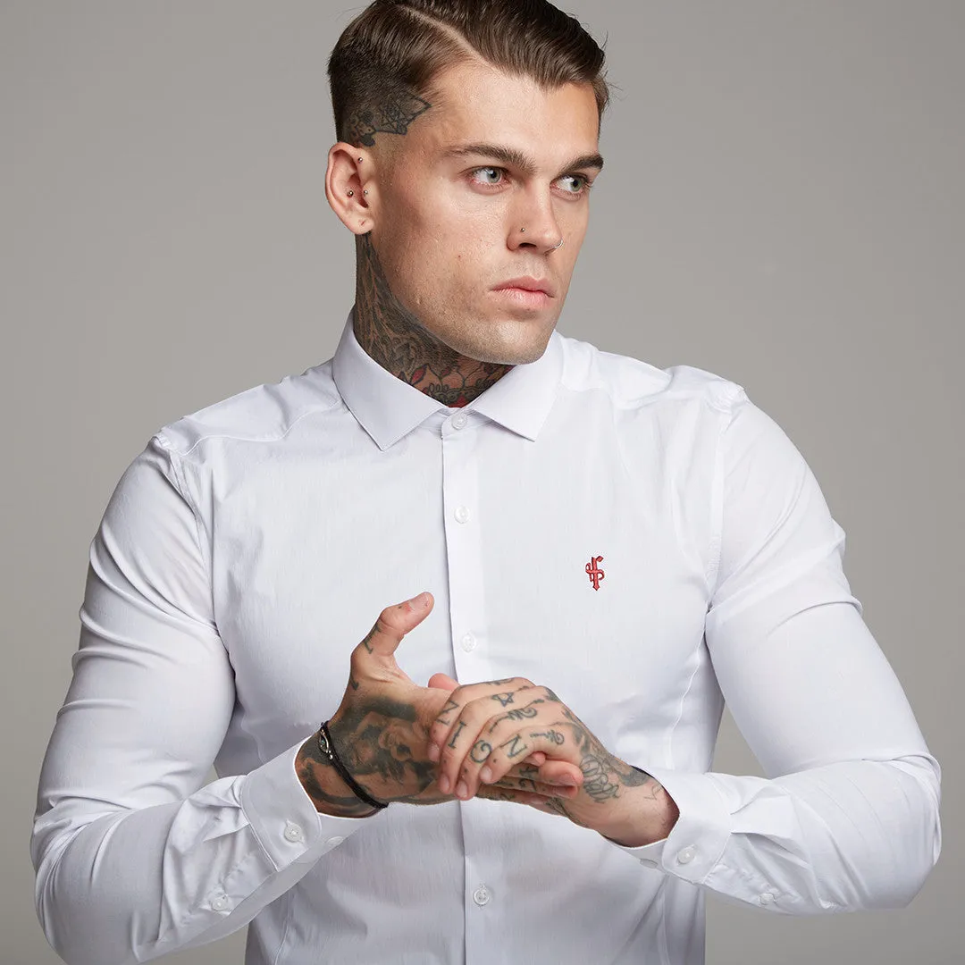 Father Sons Super Slim Stretch Classic White Panel Shirt (Burgundy embroidery) - FS316 (LAST CHANCE)