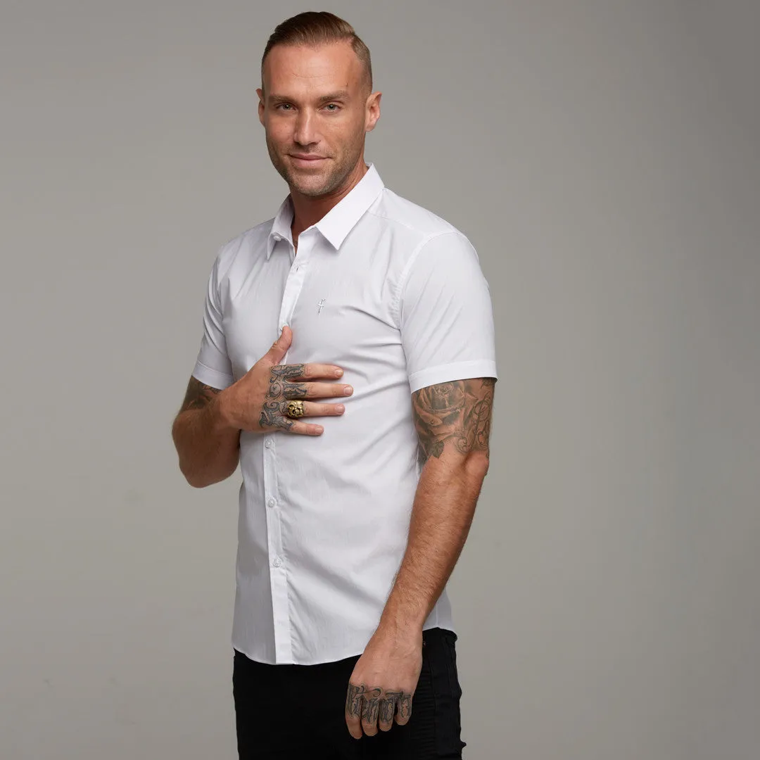 Father Sons Super Slim Stretch Classic White Short Sleeve (White Embroidery) - FS219