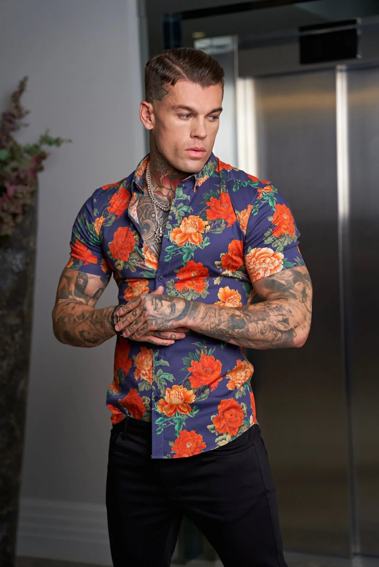 Father Sons Super Slim Stretch Navy and Red Floral Print Short Sleeve with Button Down Collar - FS839