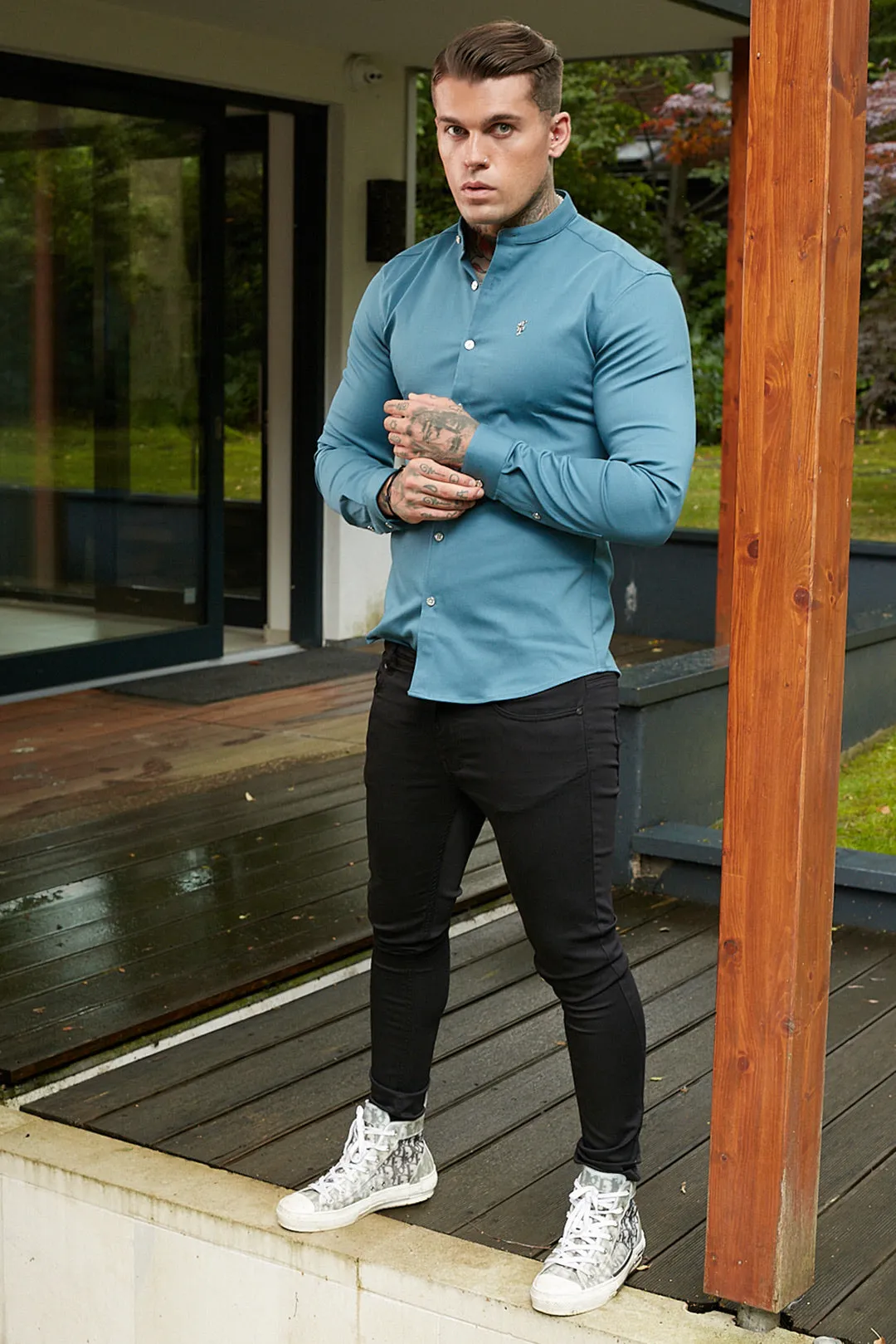 Father Sons Super Slim Stretch Teal Denim Long Sleeve Grandad collar with Metal Buttons and Decal Emblem - FS711