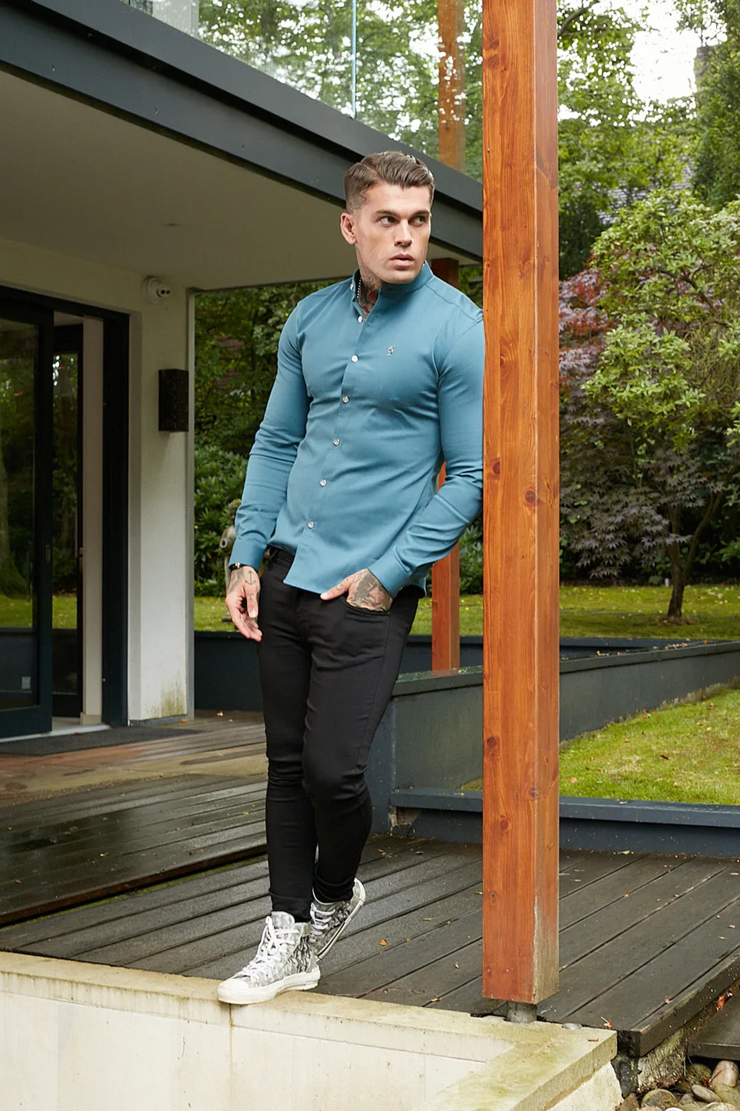 Father Sons Super Slim Stretch Teal Denim Long Sleeve Grandad collar with Metal Buttons and Decal Emblem - FS711