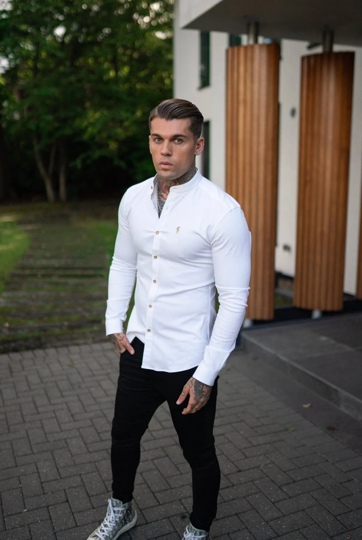 Father Sons Super Slim Stretch White Denim Long Sleeve Grandad collar with Metal Buttons and Decal Emblem - FS719