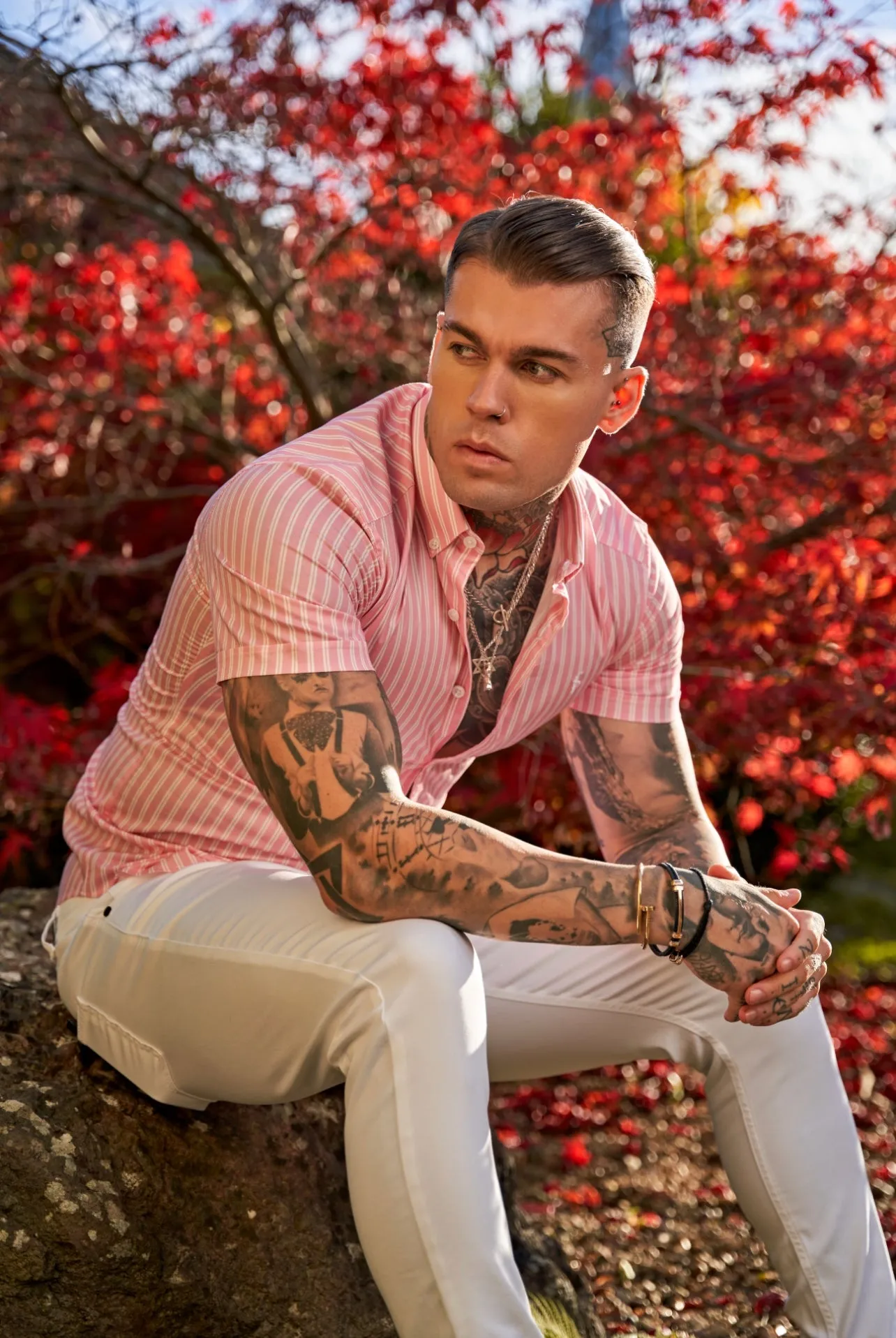 Father Sons Super Slim Stretch White / Pink Stripe Print Short Sleeve with Button Down Collar - FS887