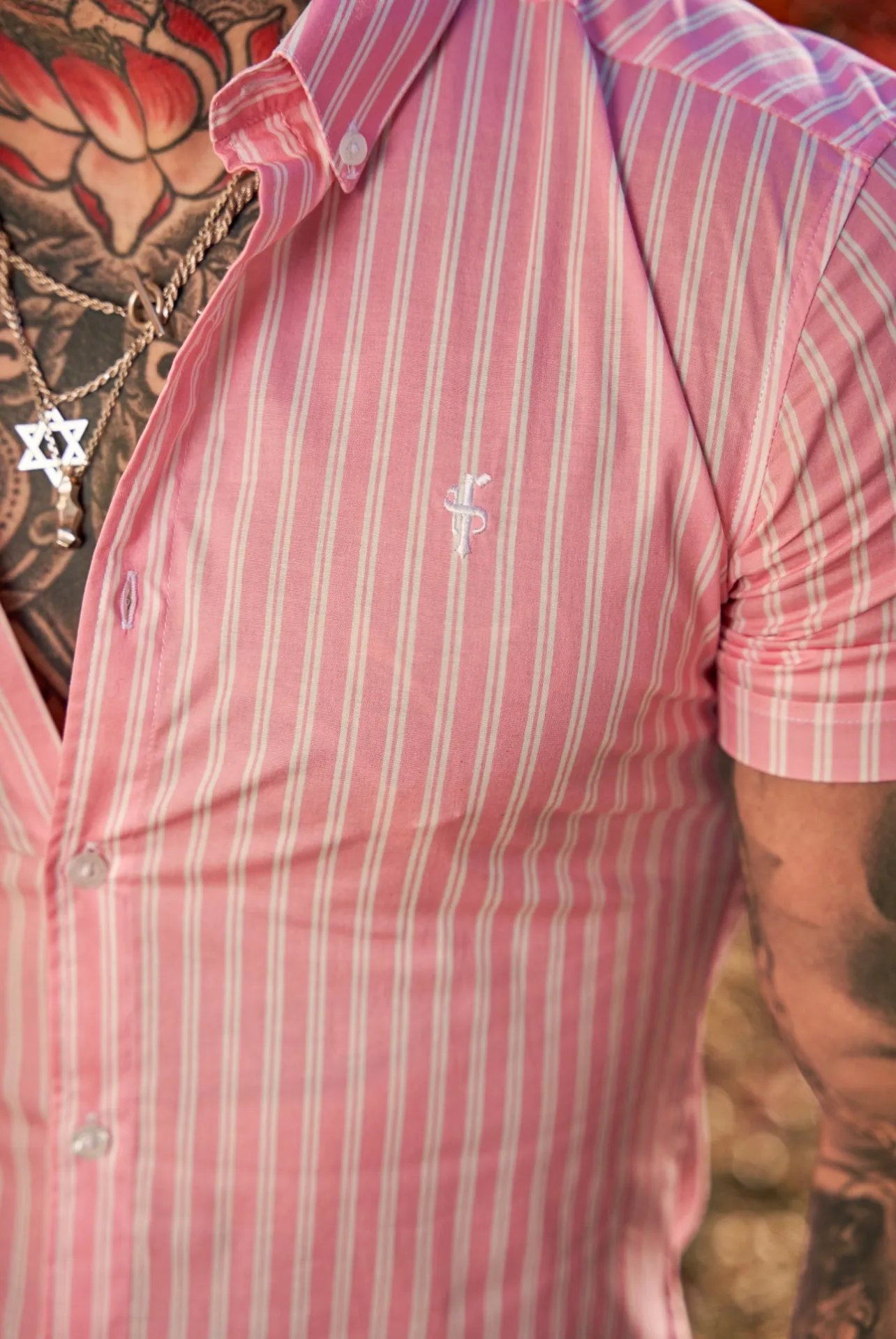 Father Sons Super Slim Stretch White / Pink Stripe Print Short Sleeve with Button Down Collar - FS887