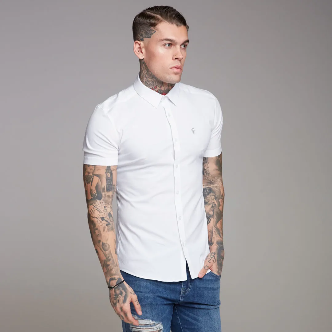 Father Sons Super Slim Ultra Stretch Classic White Short Sleeve Shirt (Grey embroidery) - FS353