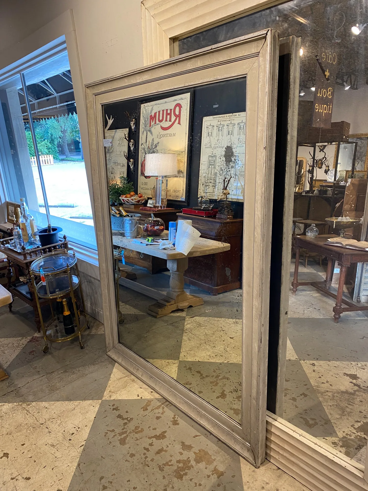 Floor Mirror Crafted from Antique French Frame in Greige and Silver Gilt Finish