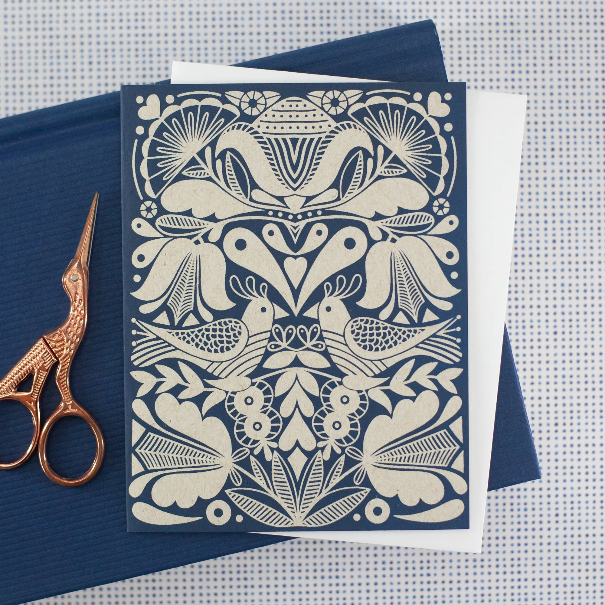 folk art card, blank decorative card for any occasion in navy ink