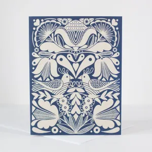 folk art card, blank decorative card for any occasion in navy ink