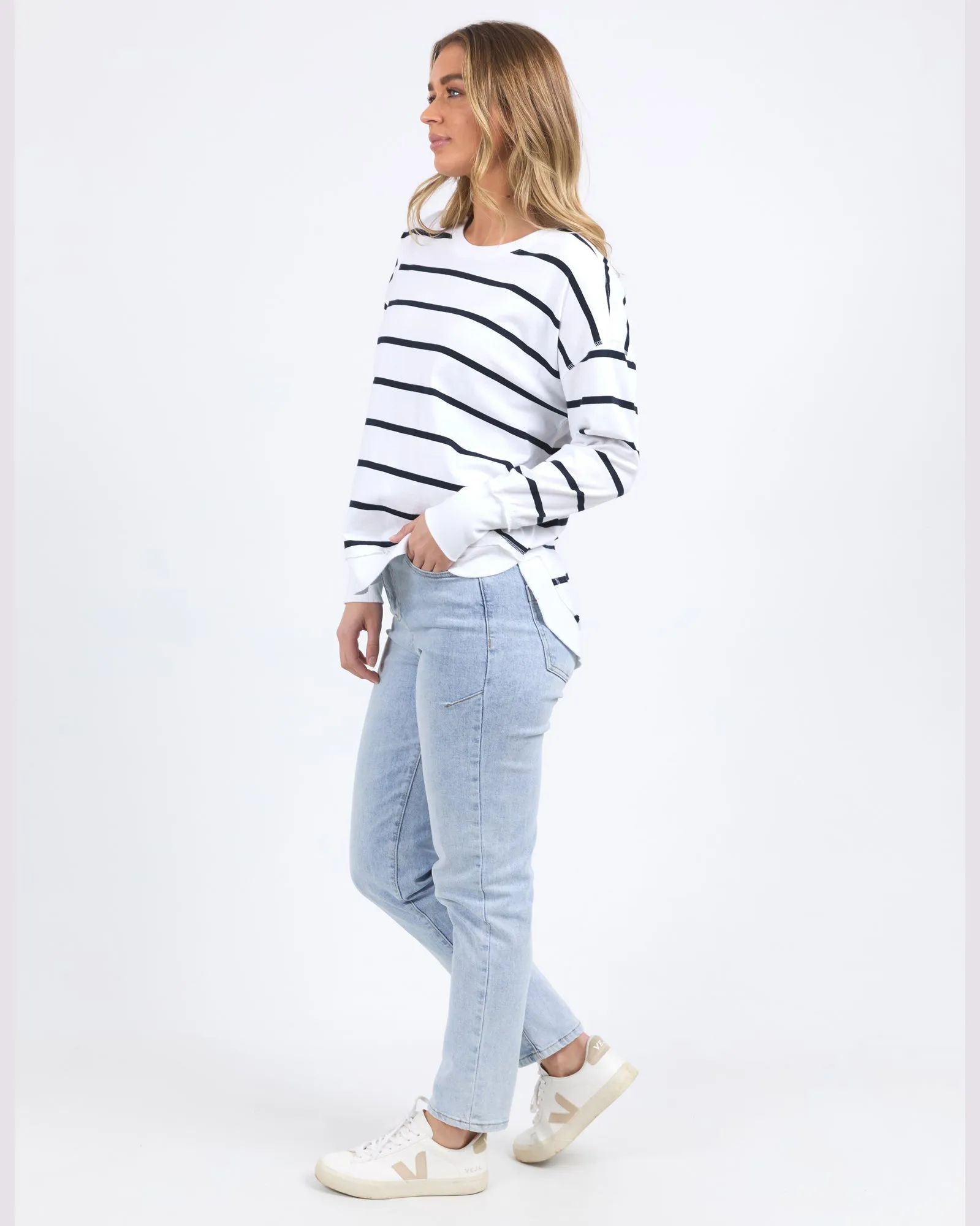 Foxwood Farrah Stripe Long Sleeve - White/Navy Stripe