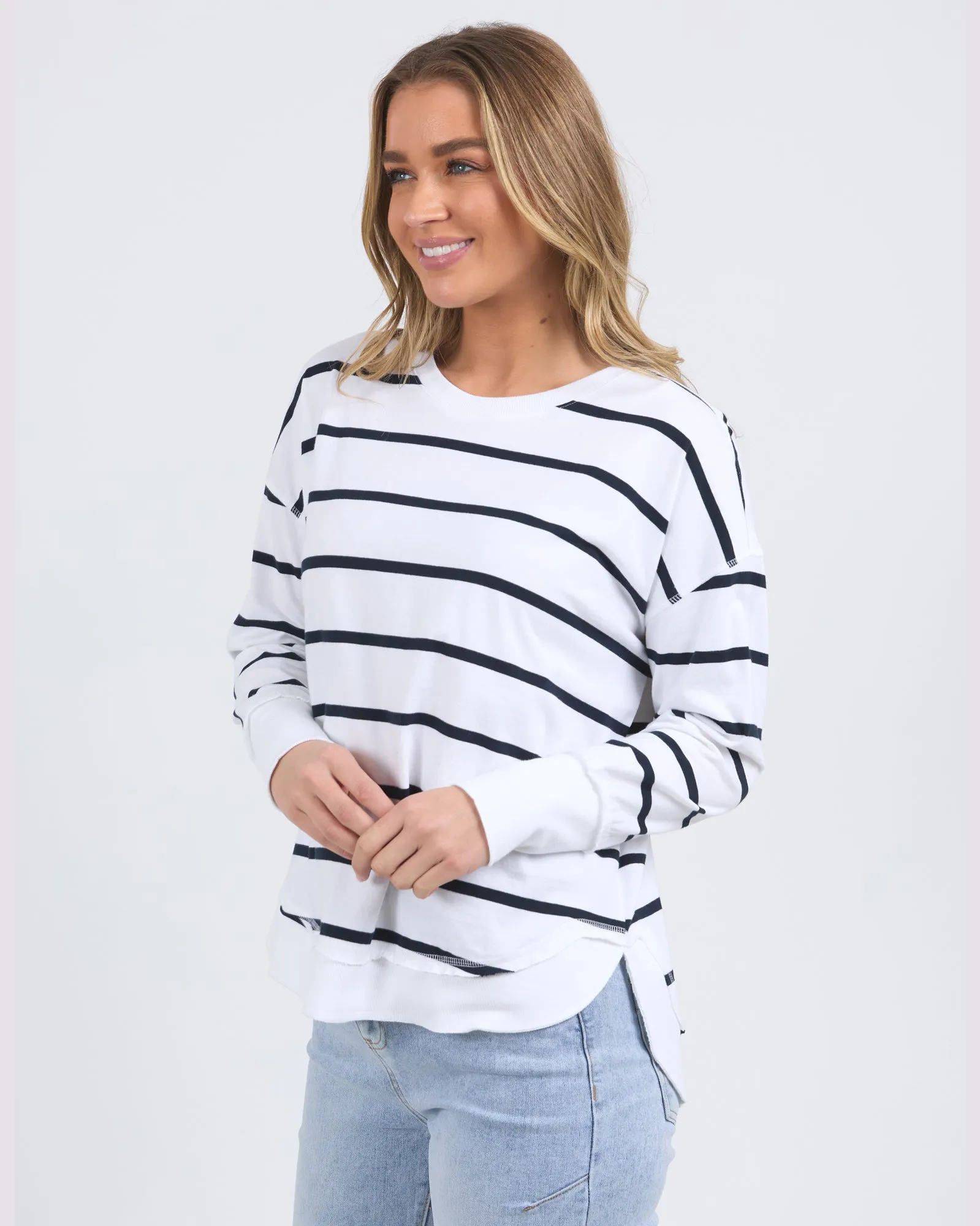 Foxwood Farrah Stripe Long Sleeve - White/Navy Stripe