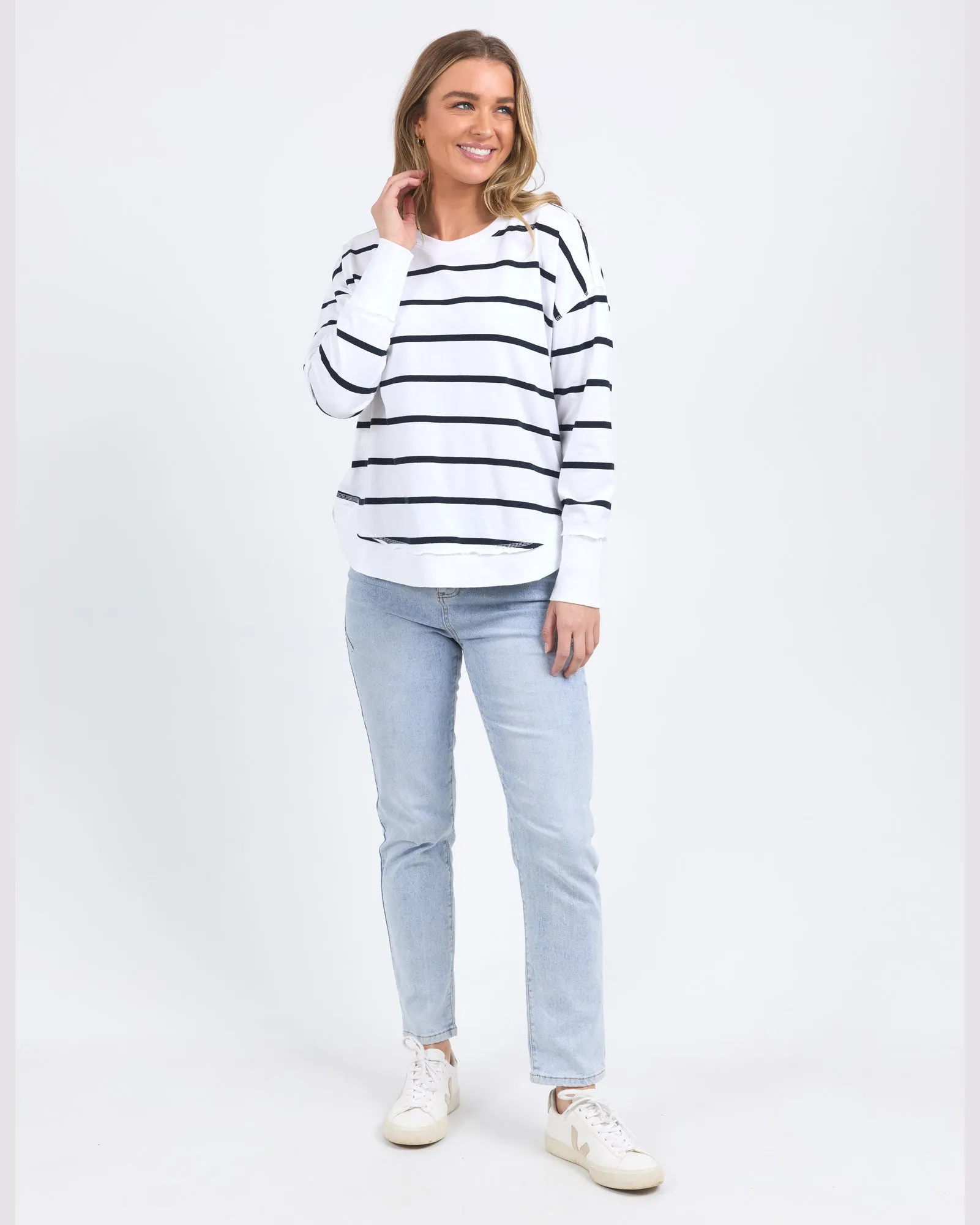 Foxwood Farrah Stripe Long Sleeve - White/Navy Stripe