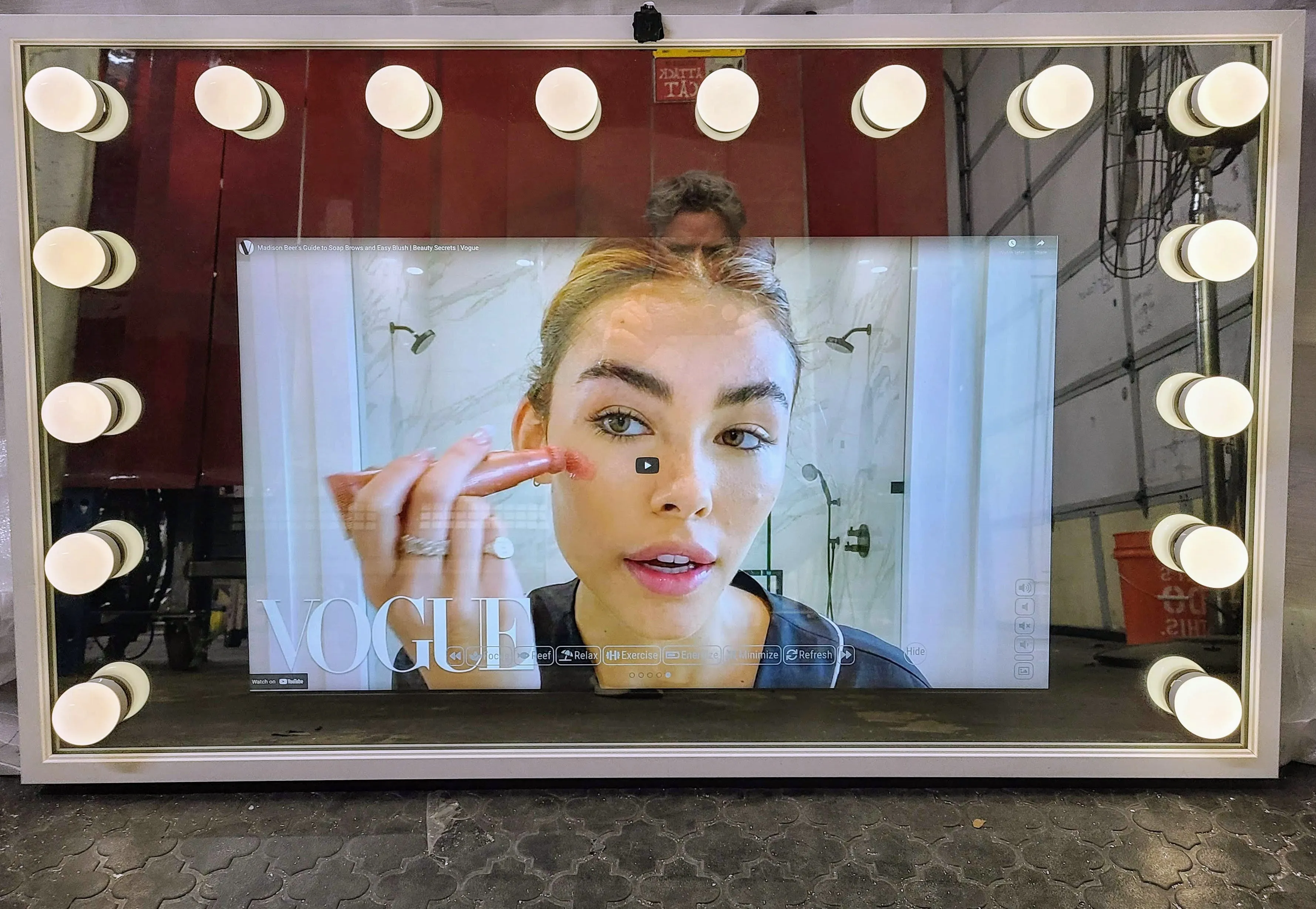 Framed Hollywood Lights Google Assistant Smart Mirror 32" Samsung 4K QLED in 42" X 25" X 3" Wood Frame