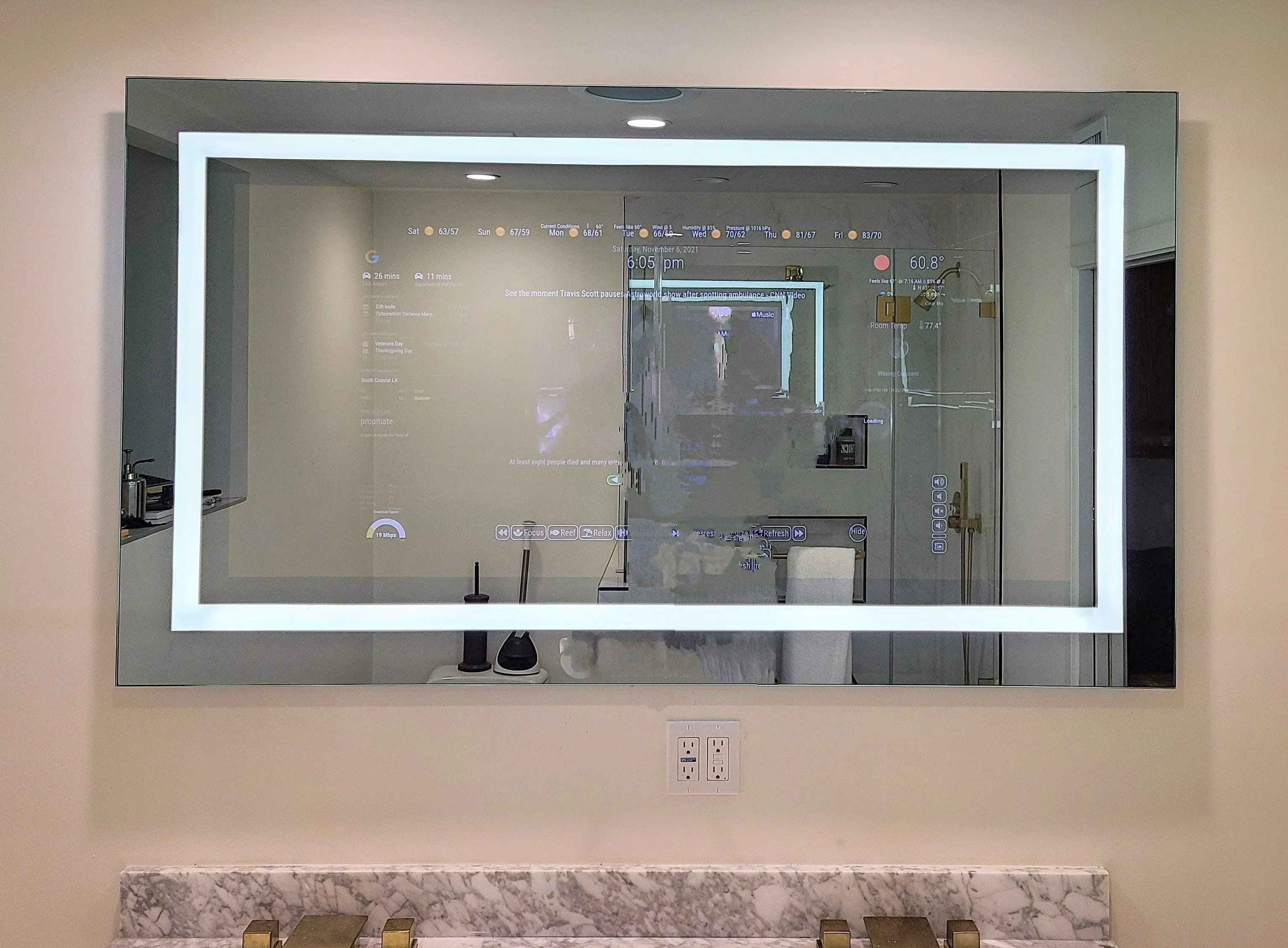 Frameless Google Assistant Smart Vanity Mirror - 32" Samsung 4K QLED - 36" X 24" X 2"