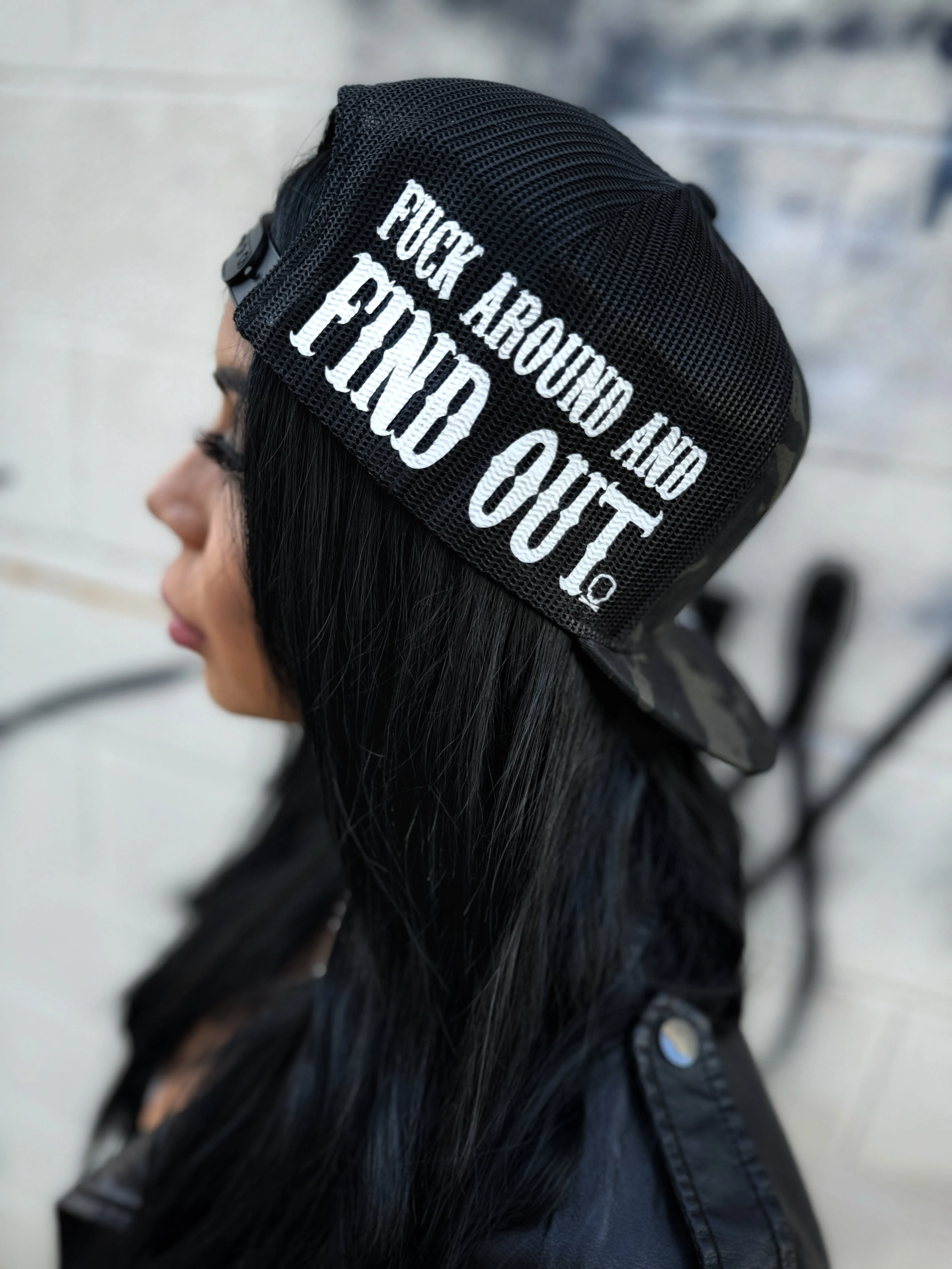 FUCK AROUND BLACK CAMO SIDE STYLE BLACK HAT