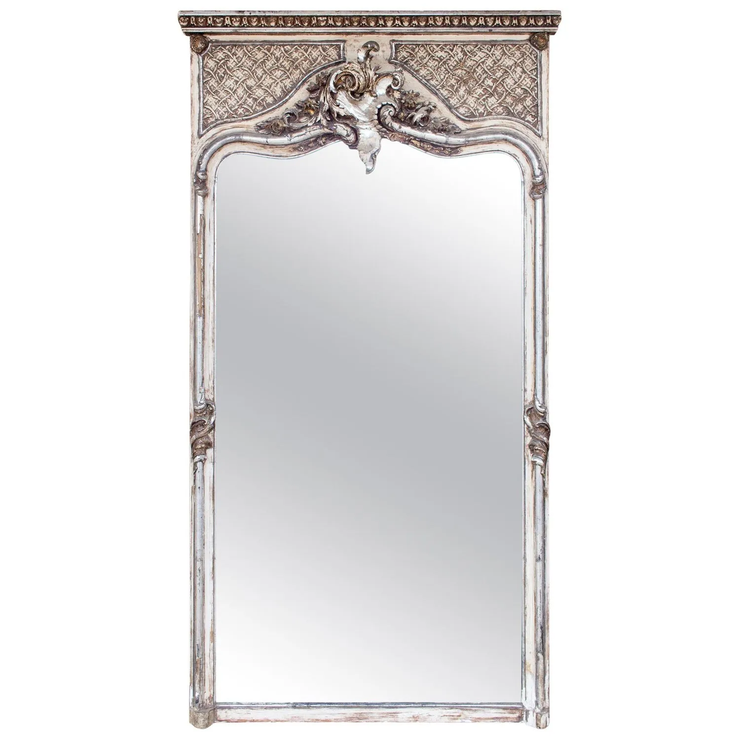 Full Length Antique French Louis XV Style Silver Gilt Trumeau Mirror