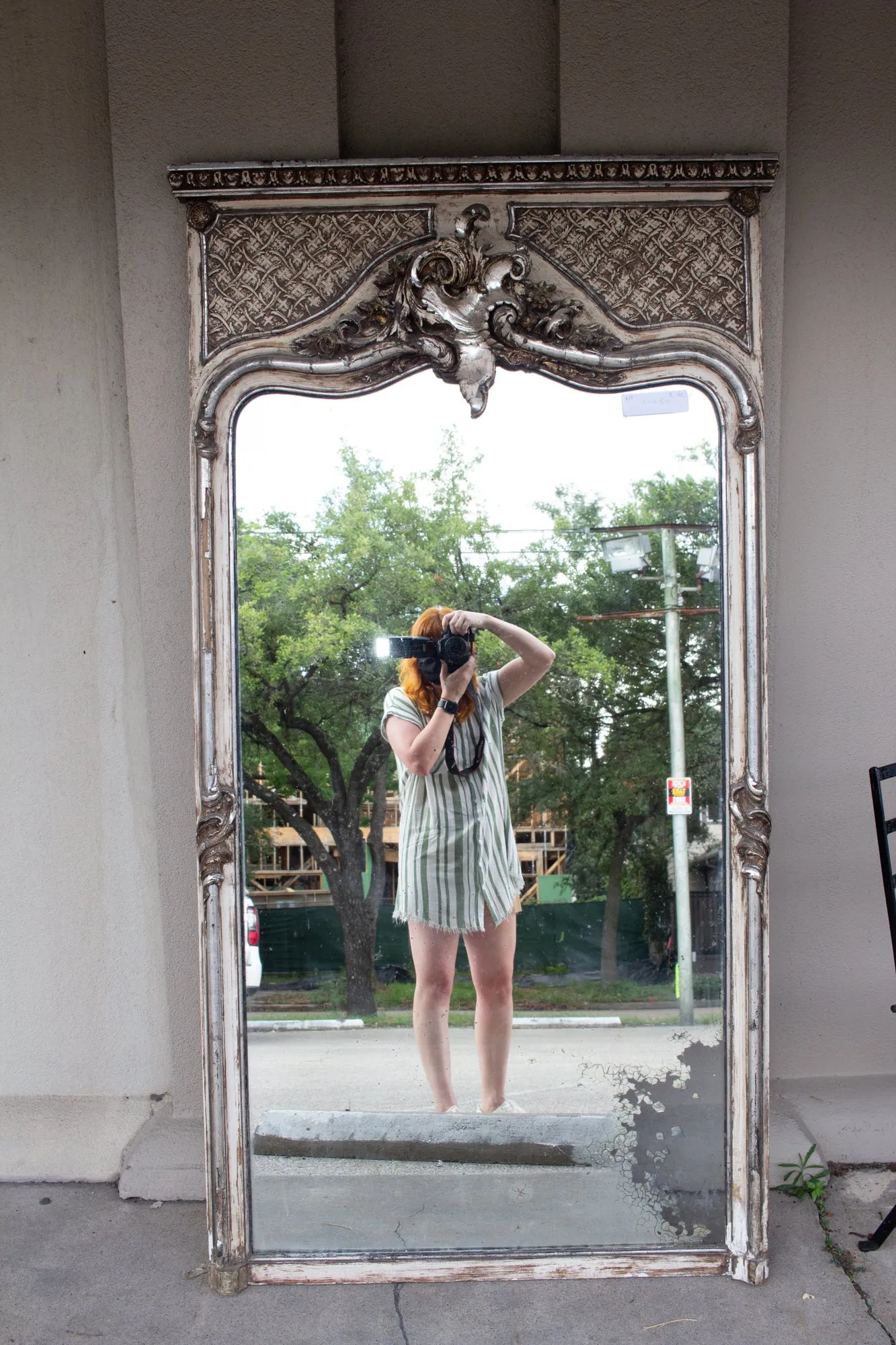 Full Length Antique French Louis XV Style Silver Gilt Trumeau Mirror