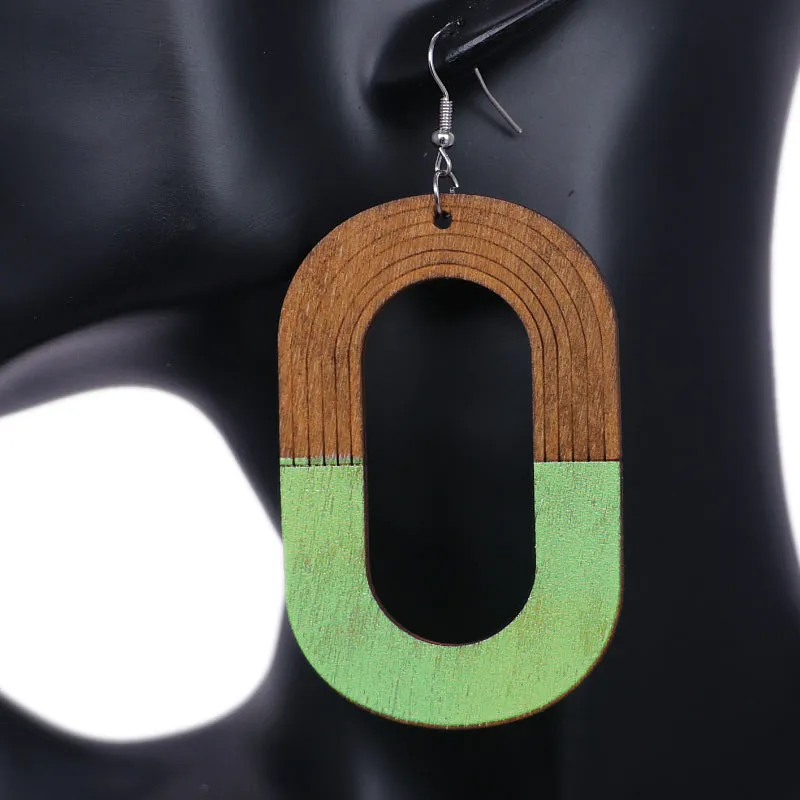 Green Oval Wooden Dangle Earrings