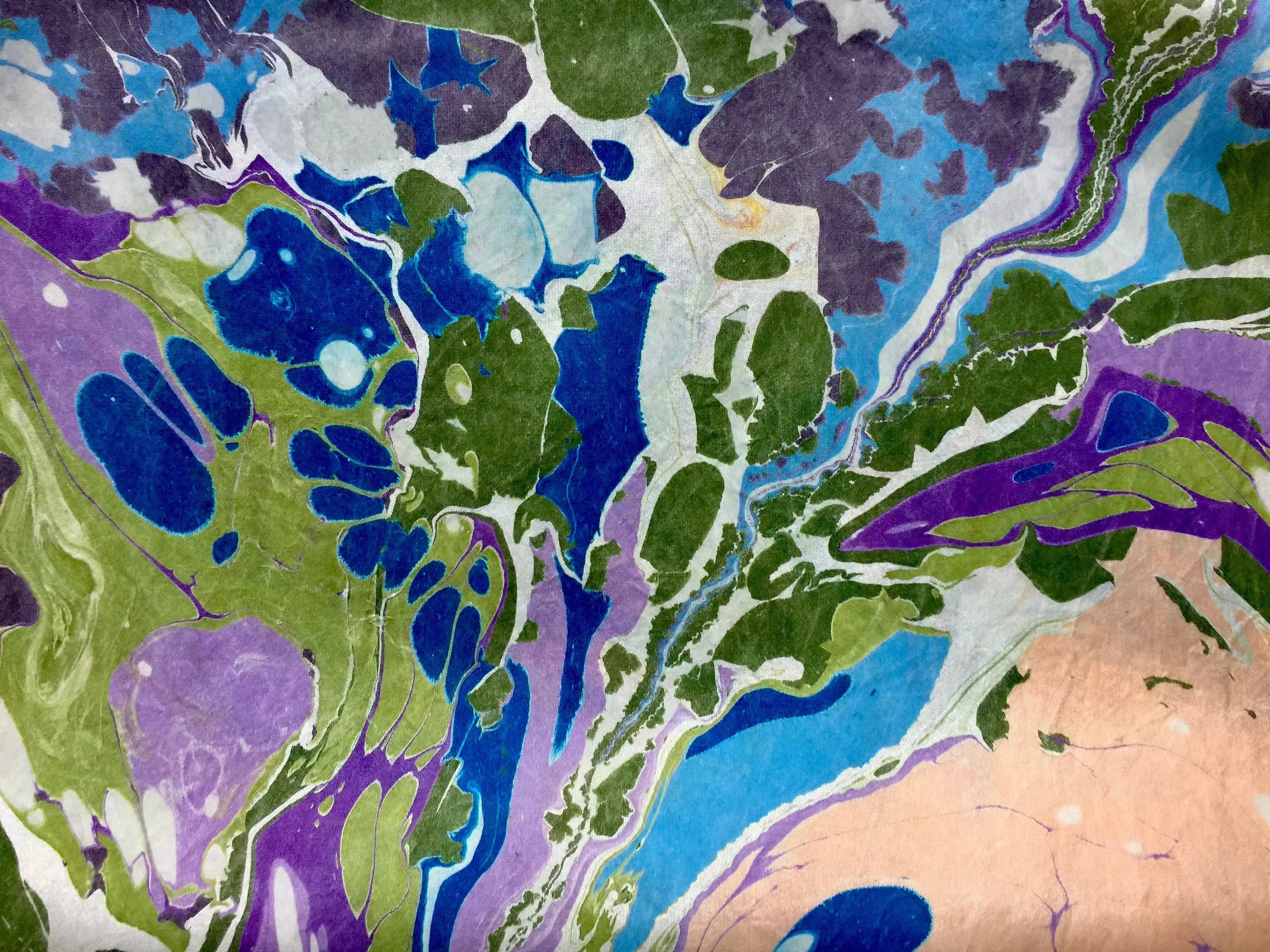 Green, purple, navy and peach random marbled Habotai Silk 14x72"