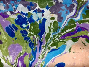 Green, purple, navy and peach random marbled Habotai Silk 14x72"