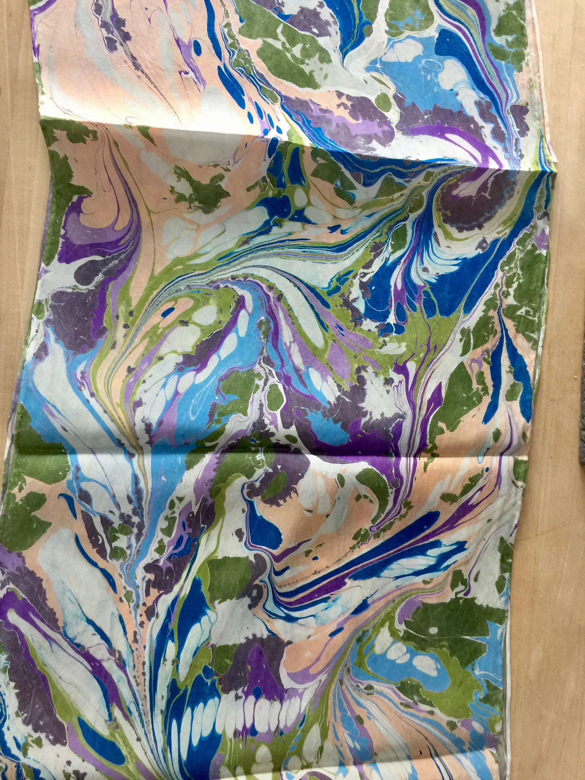 Green, purple, navy and peach random marbled Habotai Silk 14x72"