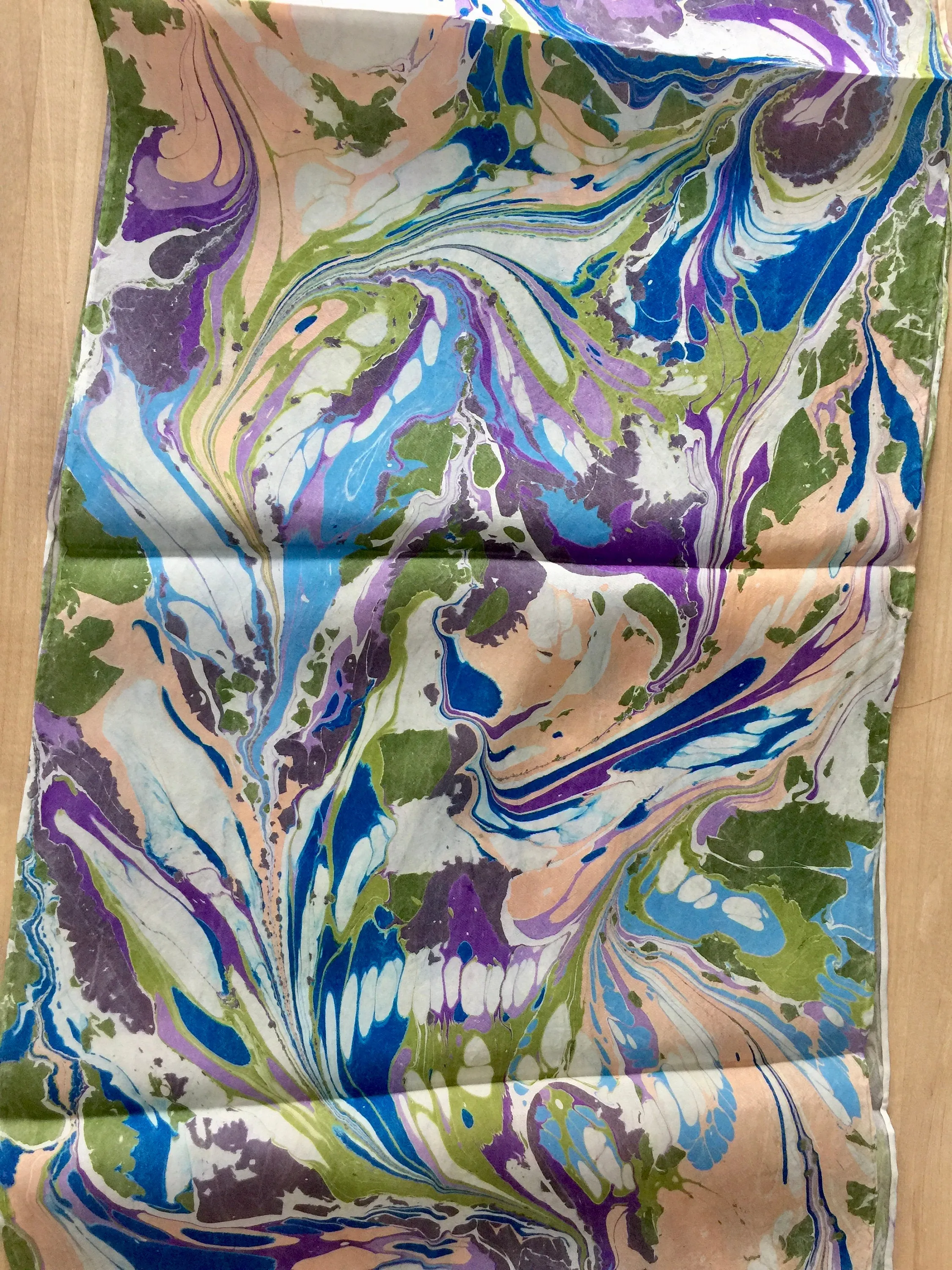 Green, purple, navy and peach random marbled Habotai Silk 14x72"