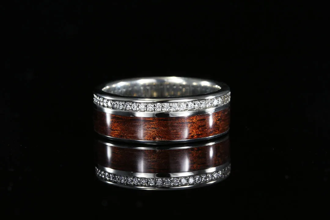 HAWAIIAN KOA WOOD INLAID IN 14K WHITE GOLD OFFSET WITH DIAMONDS