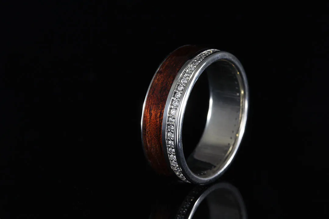HAWAIIAN KOA WOOD INLAID IN 14K WHITE GOLD OFFSET WITH DIAMONDS