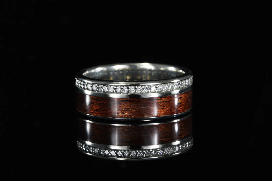 HAWAIIAN KOA WOOD INLAID IN 14K WHITE GOLD OFFSET WITH DIAMONDS