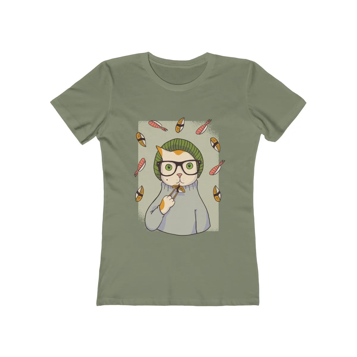 HIPSTER CAT <br>WITH SUSHI <br>boyfriend tee