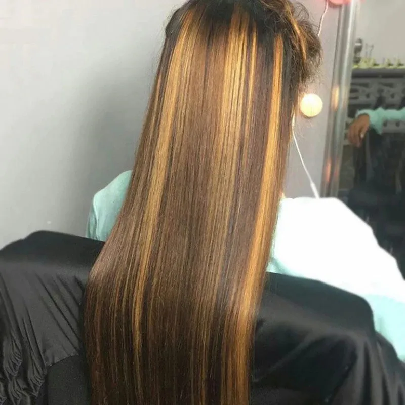 Human Hair Lace Wig Silky Straight Honey Blonde Highlight Color P4/27