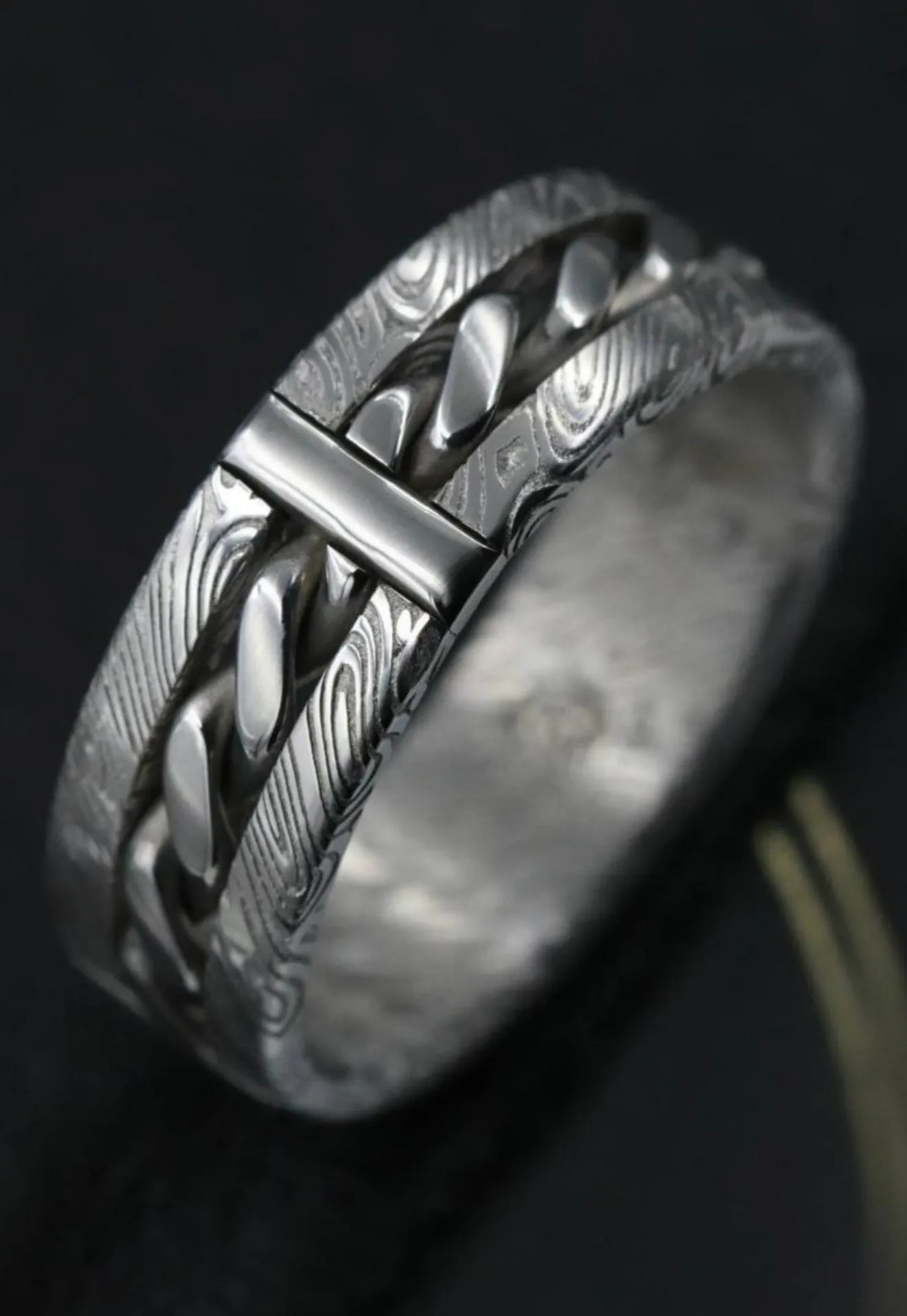 Hybrid "BREGDAN" handmade braided ring,  damasteel damascus curb chain ring celtic rings braided rings