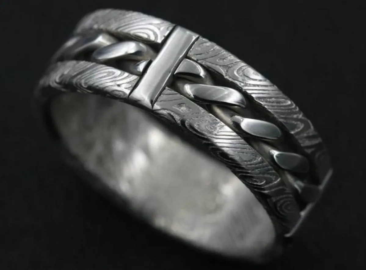 Hybrid "BREGDAN" handmade braided ring,  damasteel damascus curb chain ring celtic rings braided rings