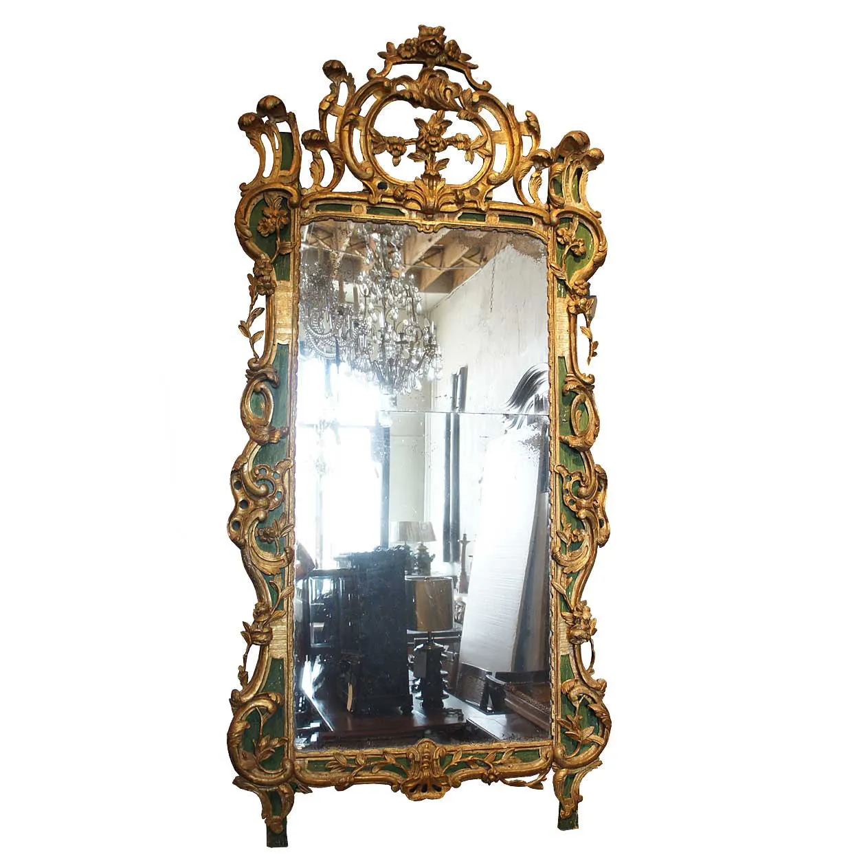 Important Large Italian Rococo Gilt and Painted Diamond Dust Mirror
